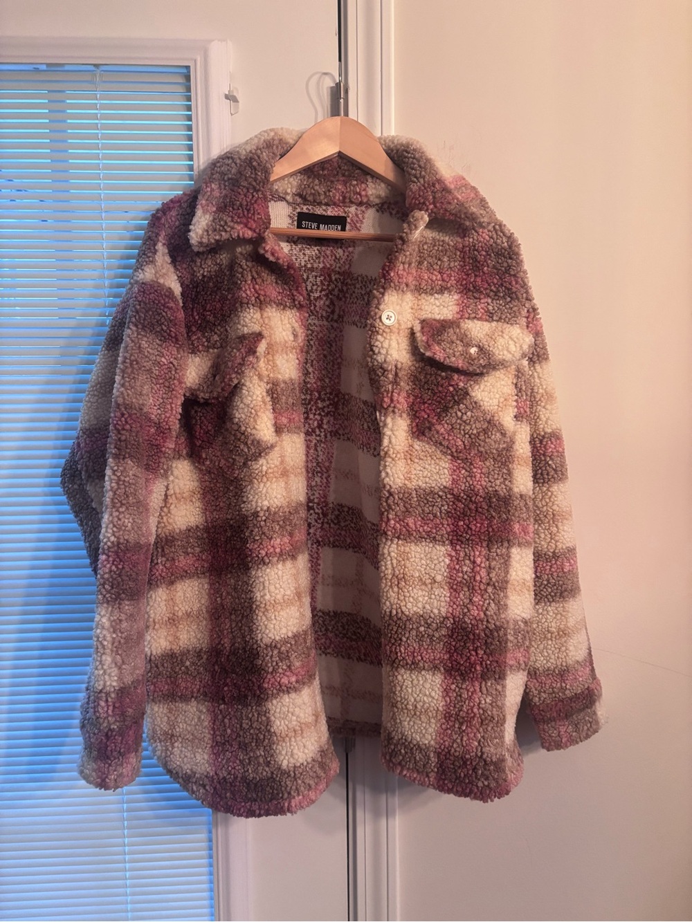 Steve Madden Cream and Mauve Plaid Teddy Shacket